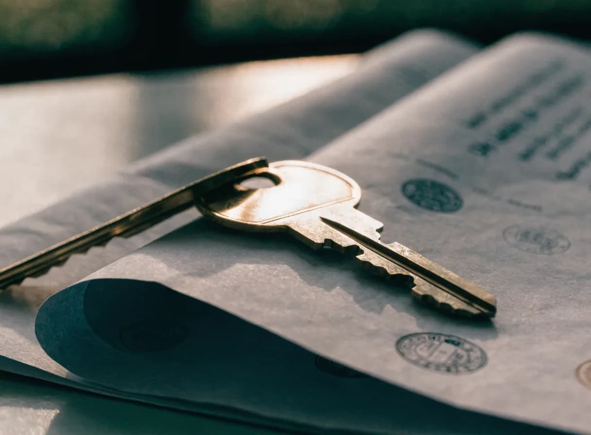 Llaves de apartamento sobre contrato de condominio doblado con sellos oficiales visibles