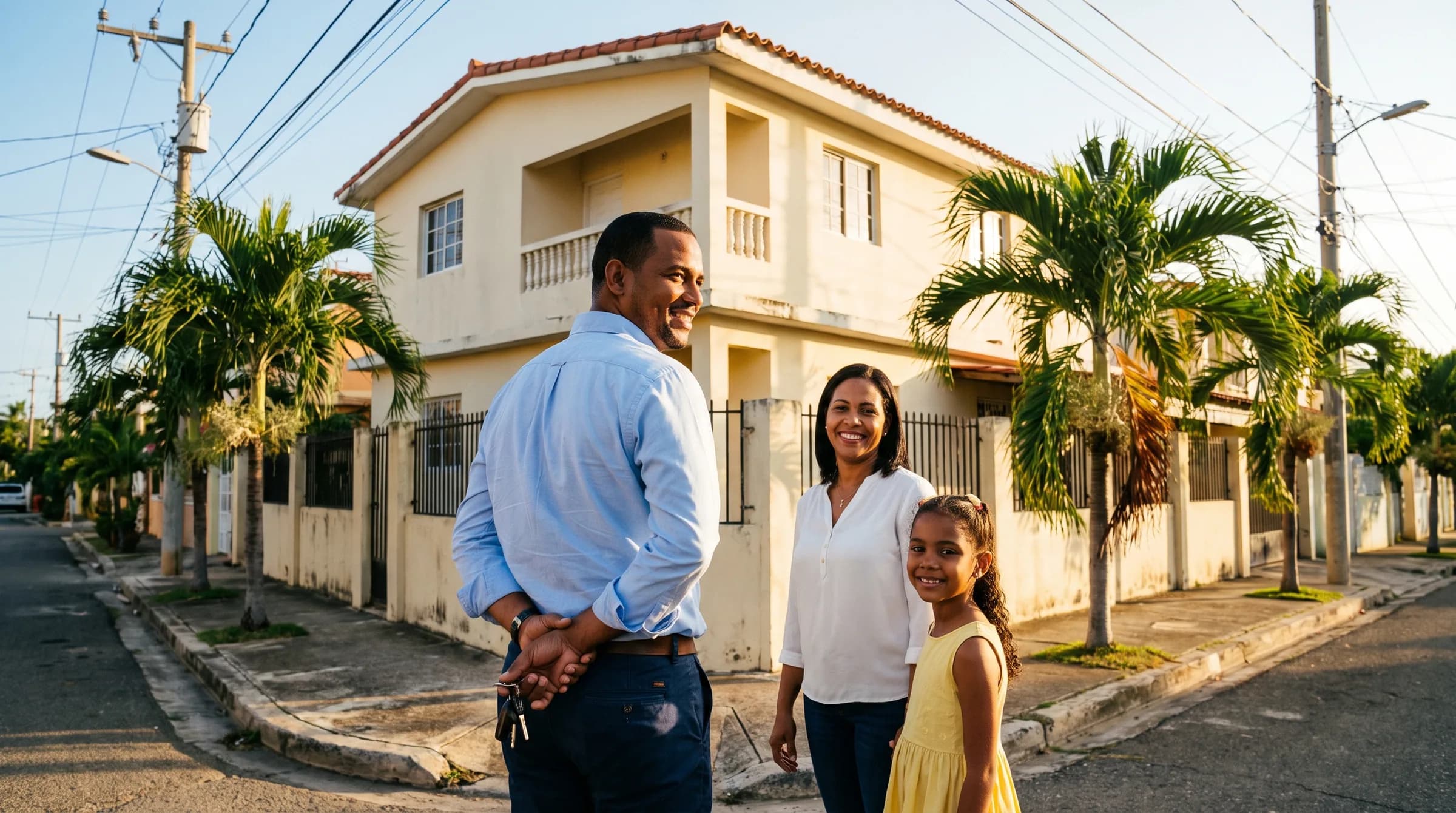 Familia dominicana sonriente de pie frente a su nueva casa en Santiago, el padre sostiene las llaves mientras celebran la compra de su primera vivienda