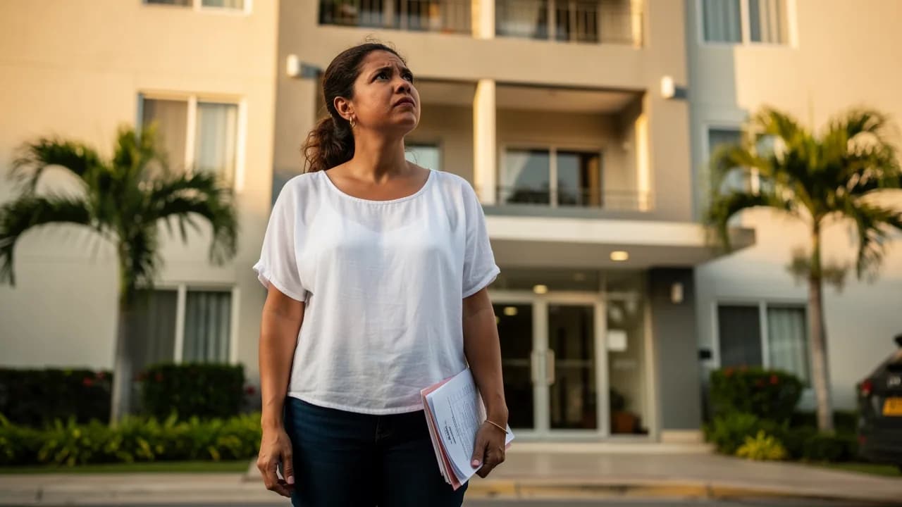Mujer dominicana joven frente a edificio residencial en Santiago, sosteniendo documentos y mirando el edificio con expresión de incertidumbre sobre el proceso de crédito hipotecario