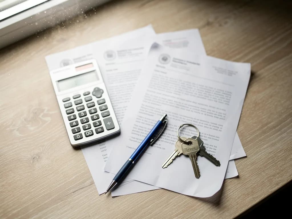 Calculator, bank documents, house keys, and pen organized on a desk, representing key elements of the mortgage credit process