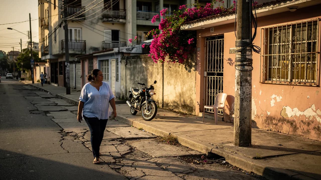 Mujer dominicana caminando por una calle residencial de Mirador Norte durante el atardecer, observando su entorno con atención mientras evalúa la seguridad del barrio