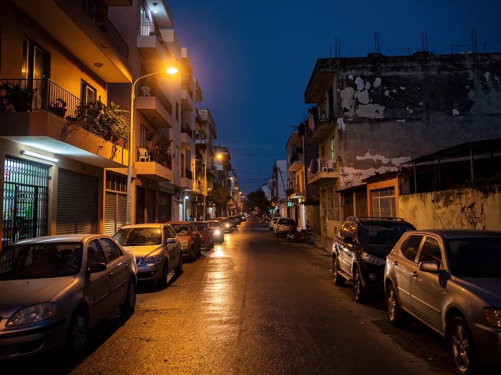 Comparative view of two parallel streets in Mirador Norte showing different lighting levels and neighborhood activity, one well-lit and one darker