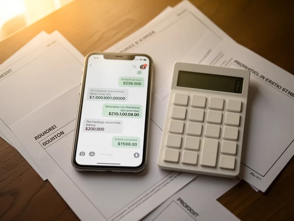 Mobile phone displaying suspicious cheaply-priced real estate WhatsApp offers next to a calculator and property listings