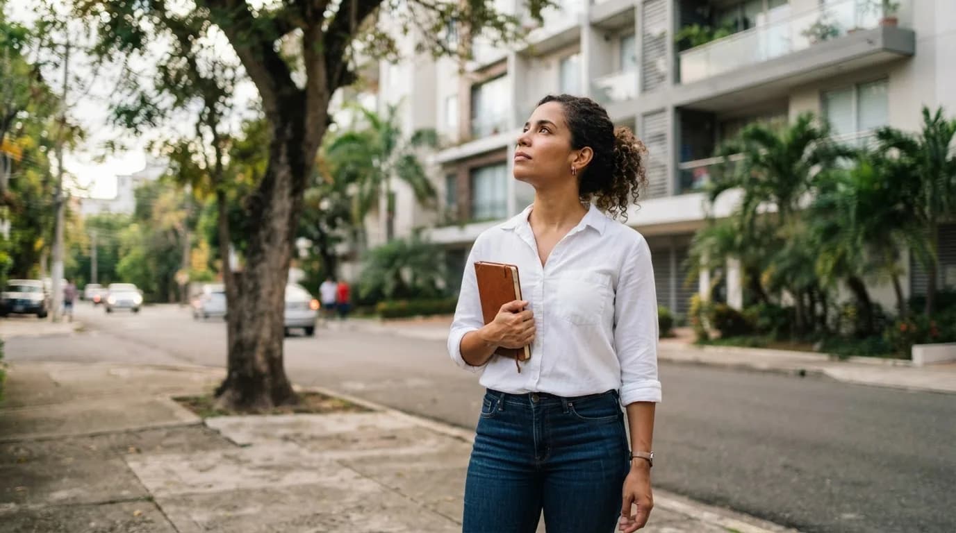 Mujer joven dominicana observando edificio residencial en Piantini mientras toma notas durante búsqueda de apartamento