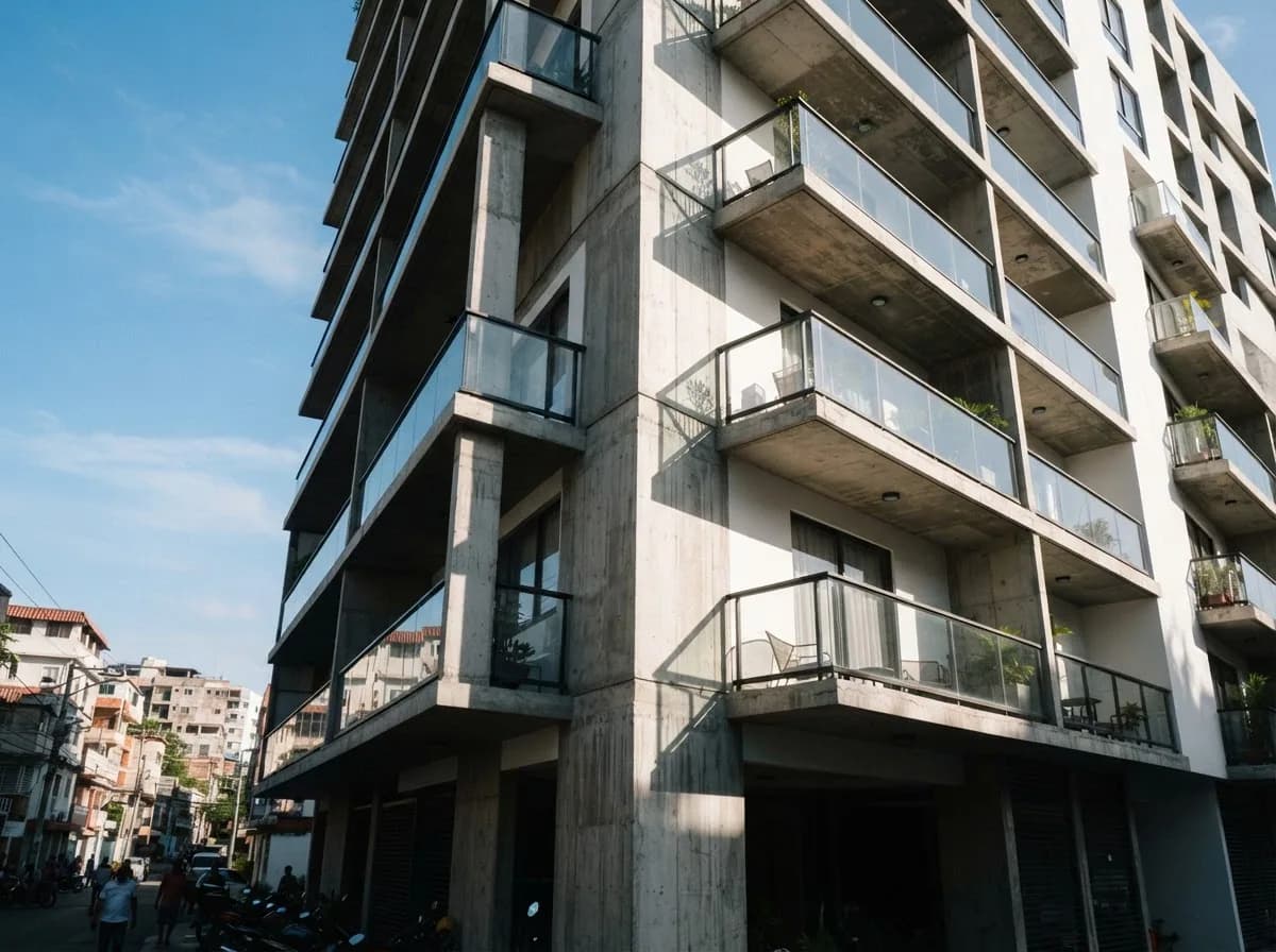 Fachada de edificio residencial moderno en Los Alcarrizos mostrando arquitectura contemporánea dominicana con balcones y líneas limpias