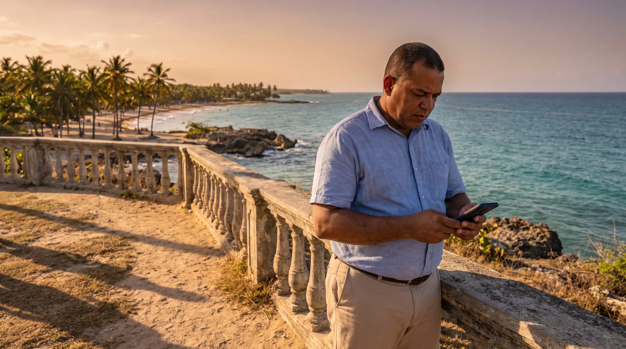 Ingeniero dominicano revisando información en su teléfono mientras observa la costa de Juan Dolio, considerando regulaciones de construcción cerca del mar