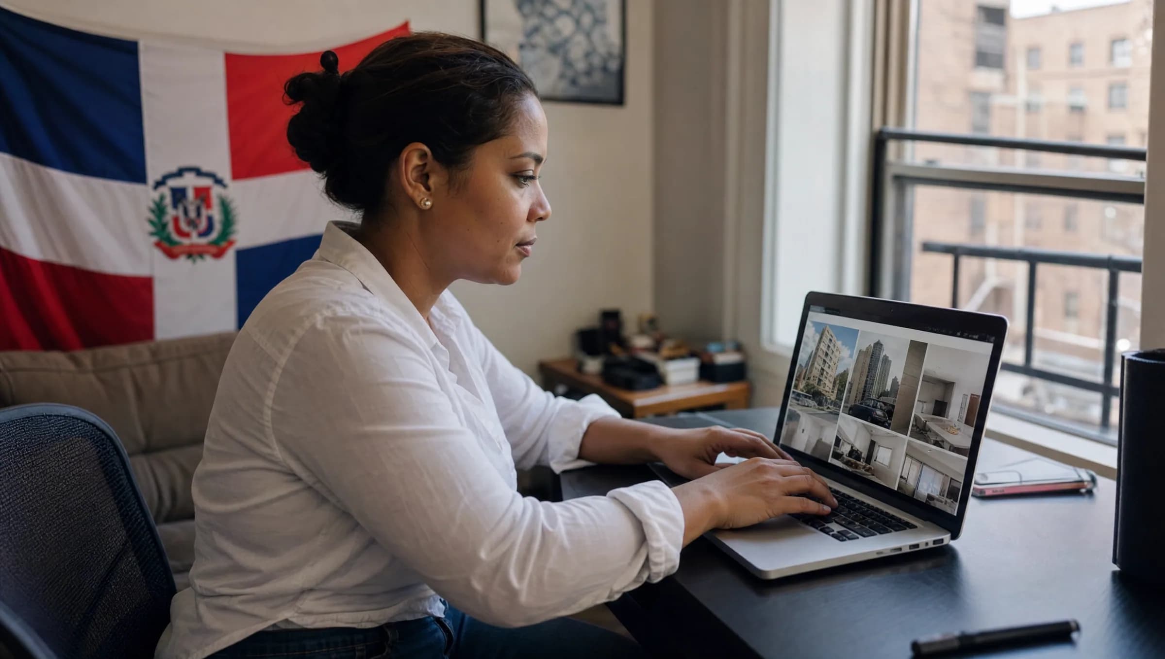 Mujer dominicana revisando apartamentos en Santo Domingo desde su computadora en Nueva York, navegando propiedades inmobiliarias online