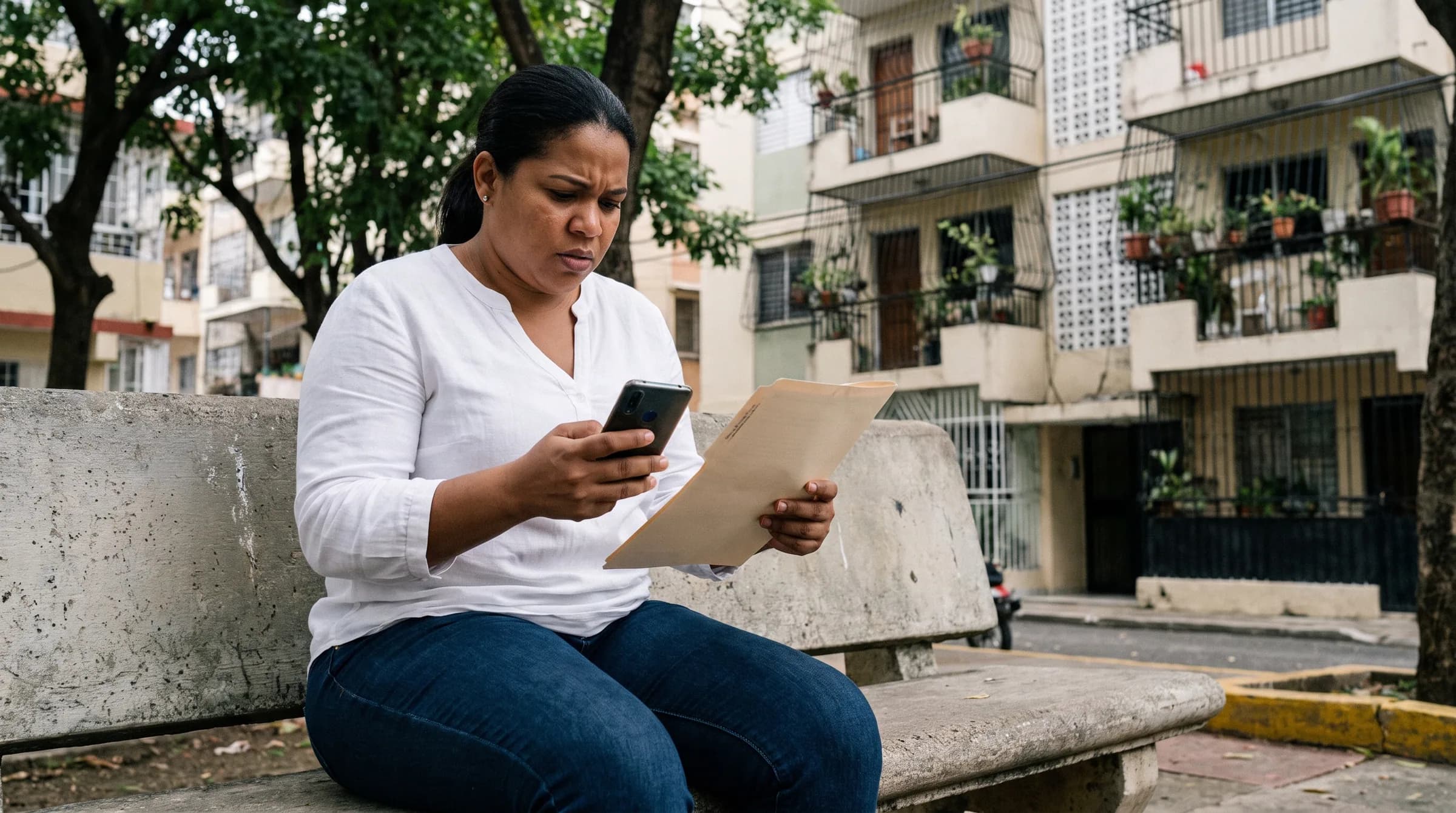Mujer dominicana preocupada revisando su teléfono mientras sostiene documentos legales en una plaza de Bella Vista, mostrando la ansiedad de los problemas con poderes notariales inmobiliarios