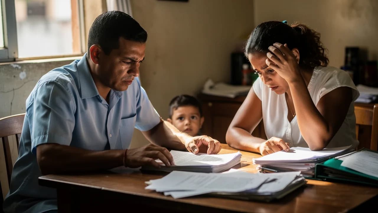 Familia dominicana revisando documentos hipotecarios en su hogar con expresión de preocupación