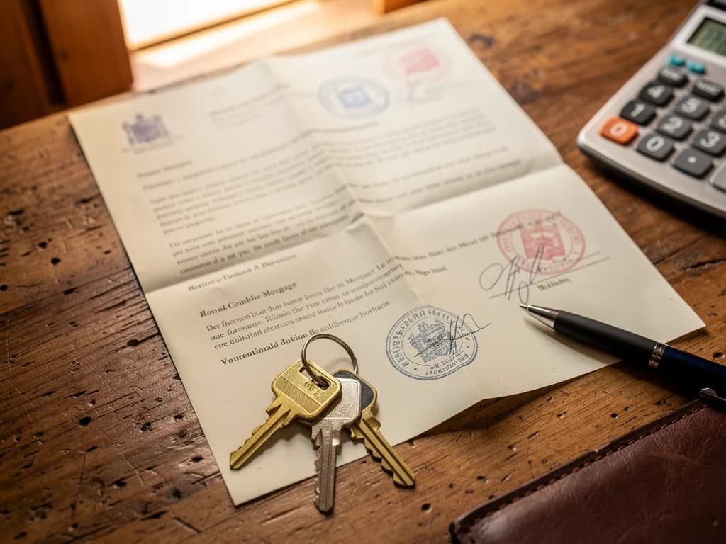 Llaves de casa sobre documentos hipotecarios con calculadora al fondo