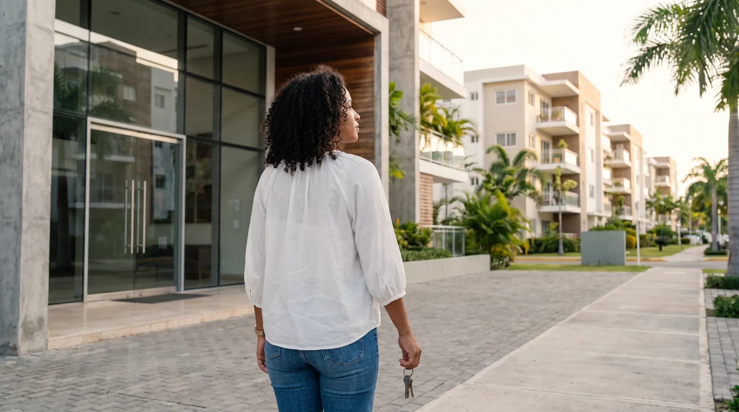 Mujer dominicana de espaldas sosteniendo llaves mientras observa la entrada de un moderno edificio de condominios en Santo Domingo