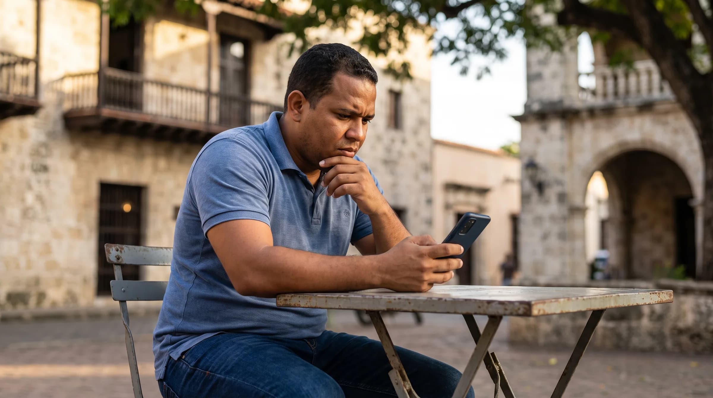 Hombre dominicano revisando su teléfono con expresión de preocupación en un café de la Zona Colonial, Santo Domingo