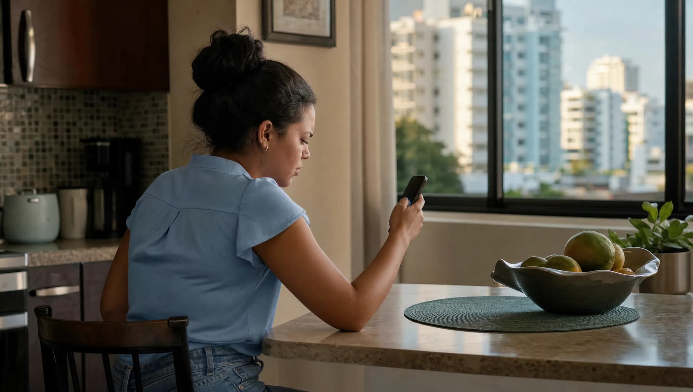 Mujer joven dominicana revisando su teléfono con expresión de frustración en su apartamento en Naco, Santo Domingo, durante su búsqueda de vivienda en Facebook Marketplace