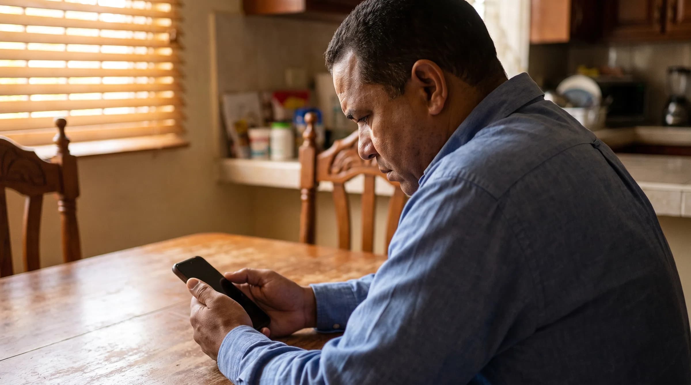 Hombre dominicano revisando con preocupación fotos de apartamento en su teléfono desde el exterior del país