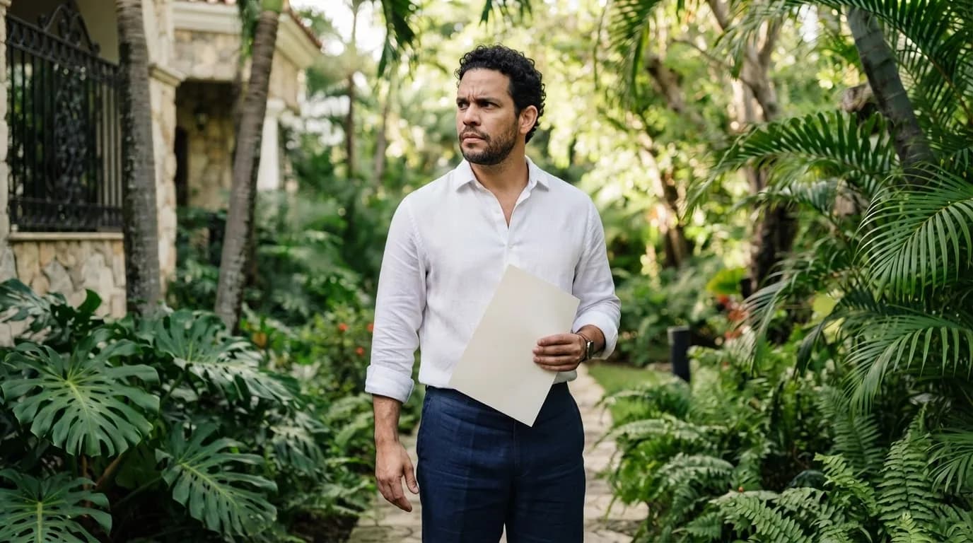 Hombre dominicano sosteniendo un contrato de propiedad mientras reflexiona entre plantas tropicales en zona residencial de Santo Domingo