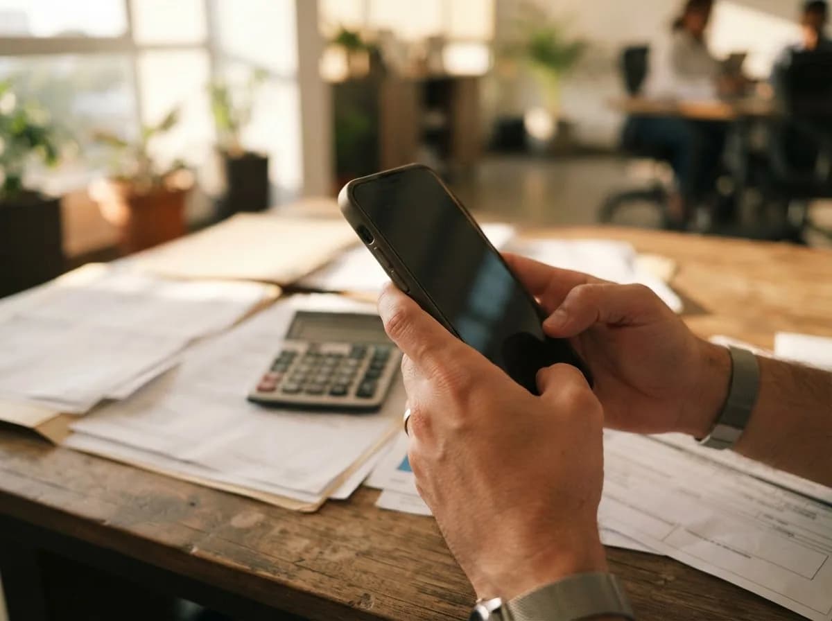Hands holding a phone over real estate documents and calculator in office during property consultation from abroad