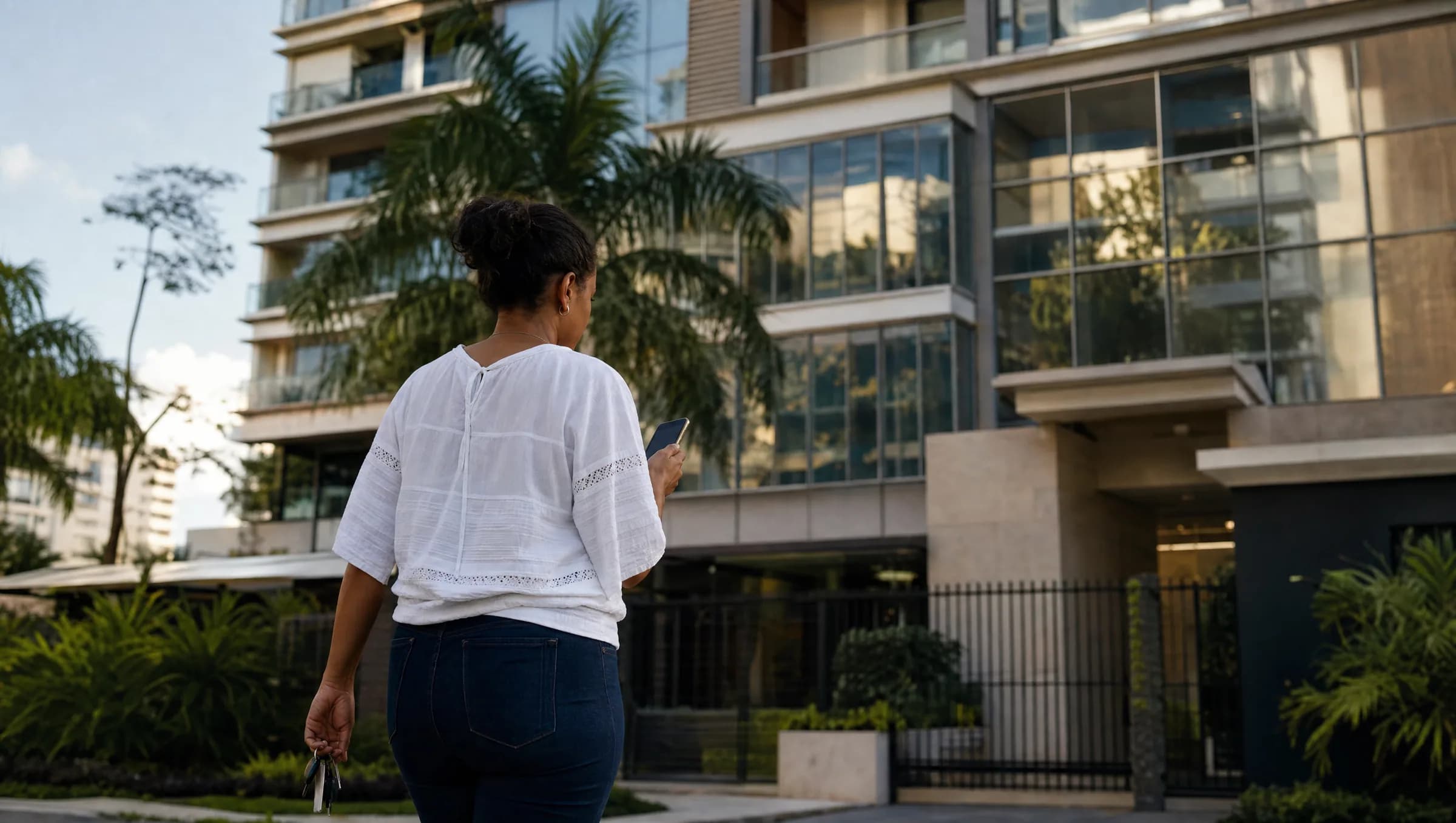 Mujer dominicana de espaldas frente a edificio residencial en Piantini, revisando información en su teléfono mientras sostiene llaves de apartamento