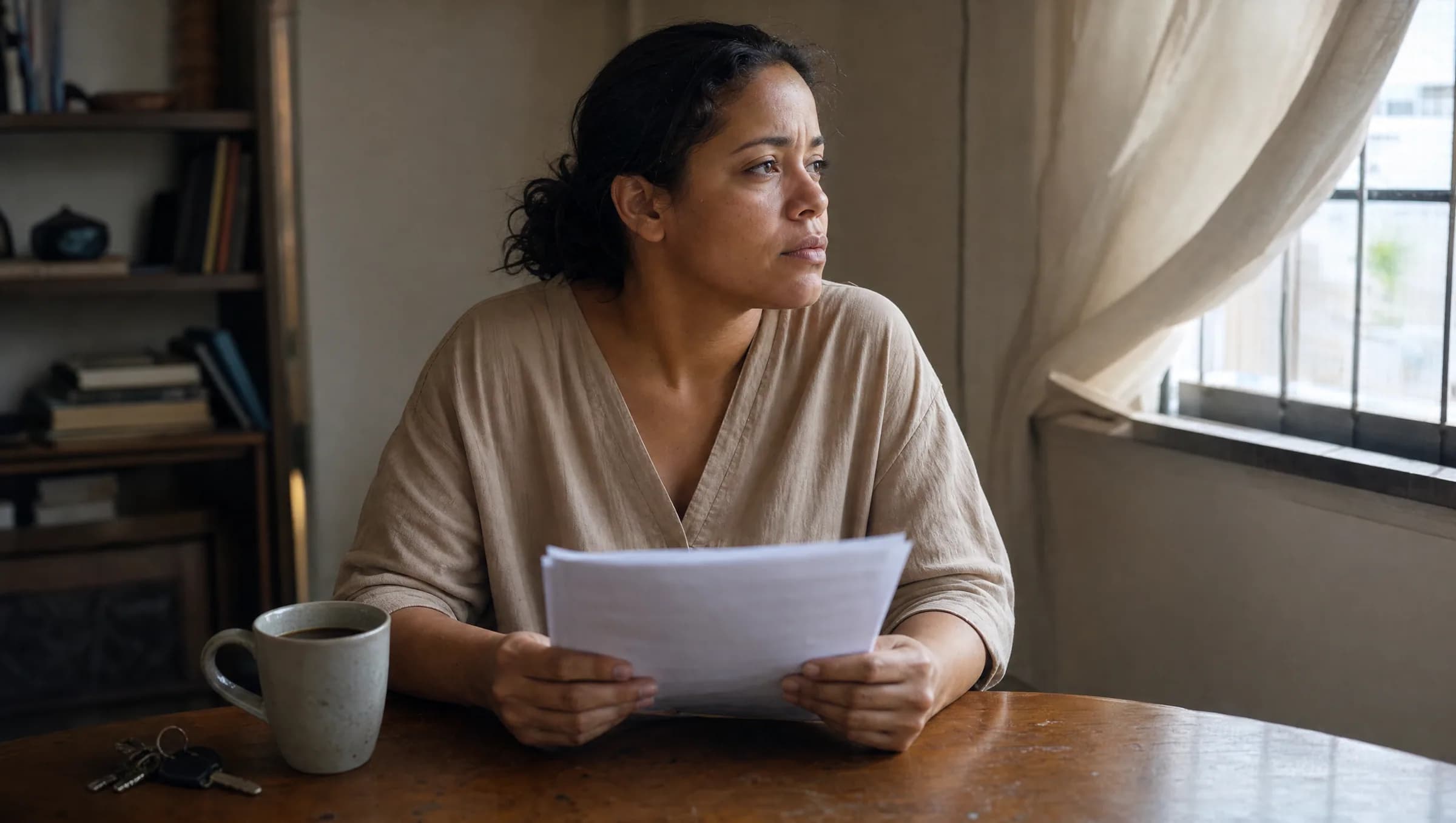 Mujer dominicana de 32 años sosteniendo un contrato de alquiler con expresión preocupada en su apartamento en Naco, Santo Domingo