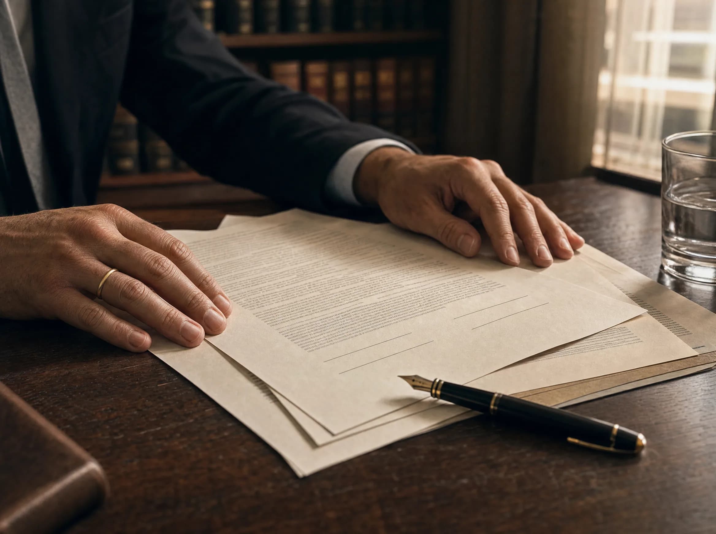 Primer plano de manos sosteniendo documentos de contrato de propiedad sobre escritorio de oficina legal en República Dominicana