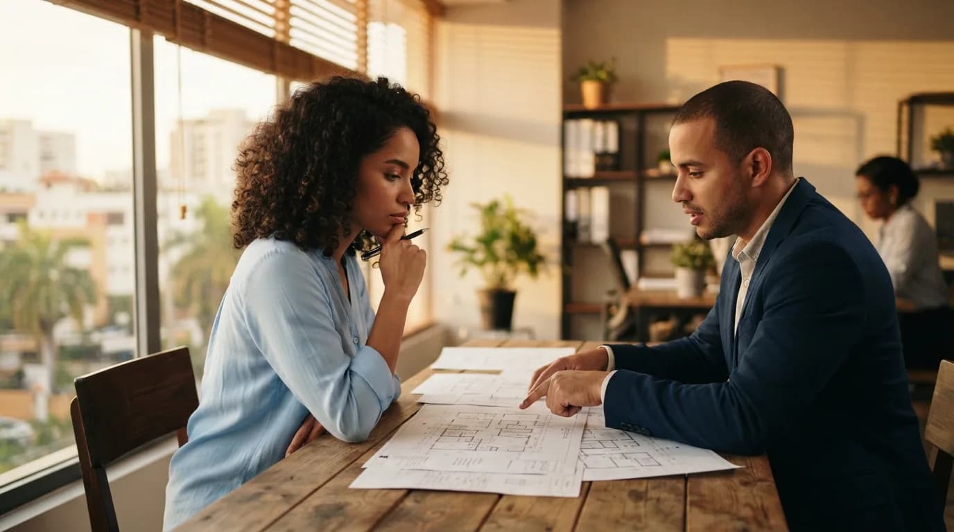 Una mujer dominicana revisa planos de apartamento con un agente inmobiliario en una oficina de bienes raíces en Santo Domingo