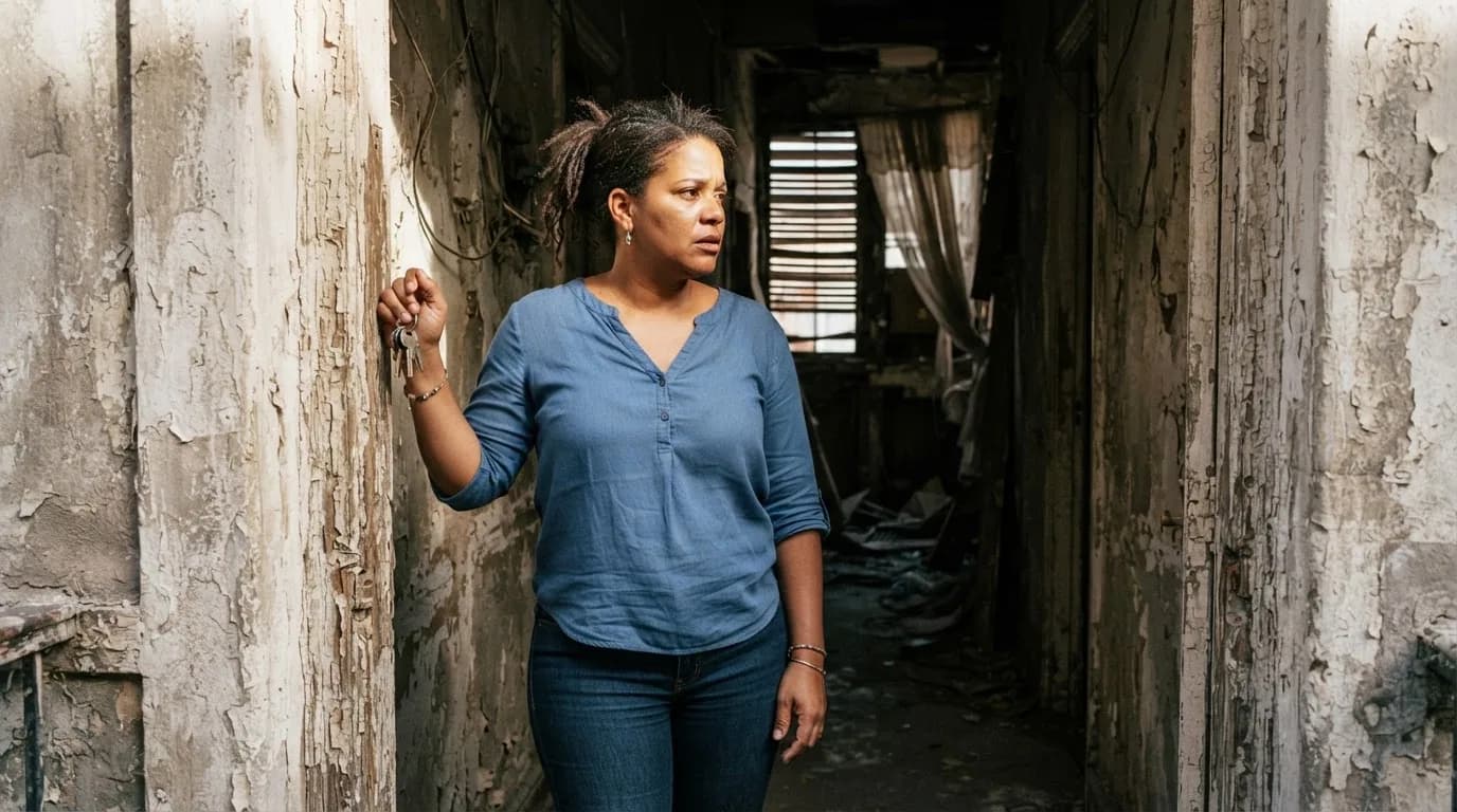 Mujer dominicana contemplando con preocupación el interior deteriorado de un apartamento en Santiago, sosteniendo llaves mientras evalúa la condición real de una propiedad de precio bajo