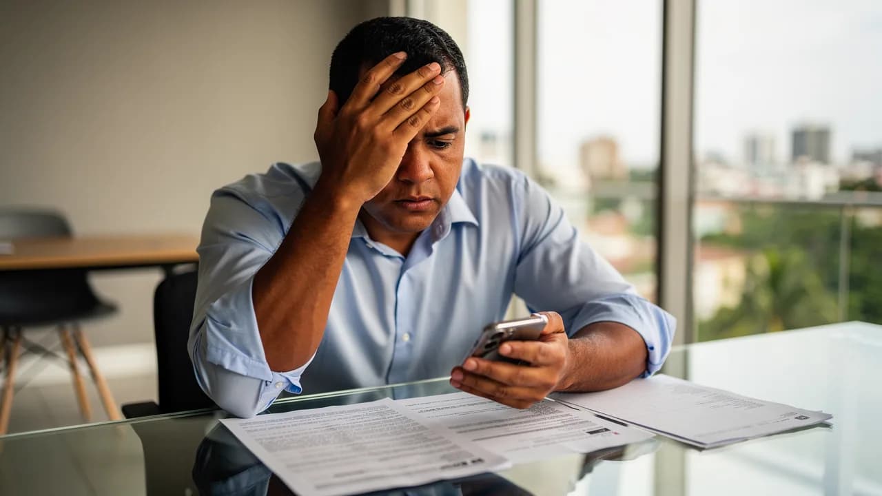 Comprador primerizo dominicano revisando propiedades en su teléfono con expresión preocupada en oficina inmobiliaria de Santiago