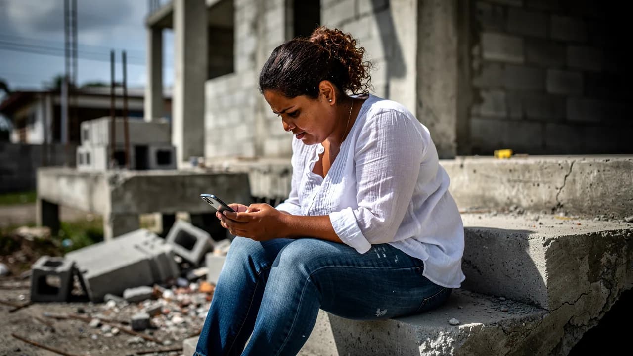 Joven dominicana revisando fotos de propiedades en Instagram mientras está sentada frente a una construcción inacabada en Santiago