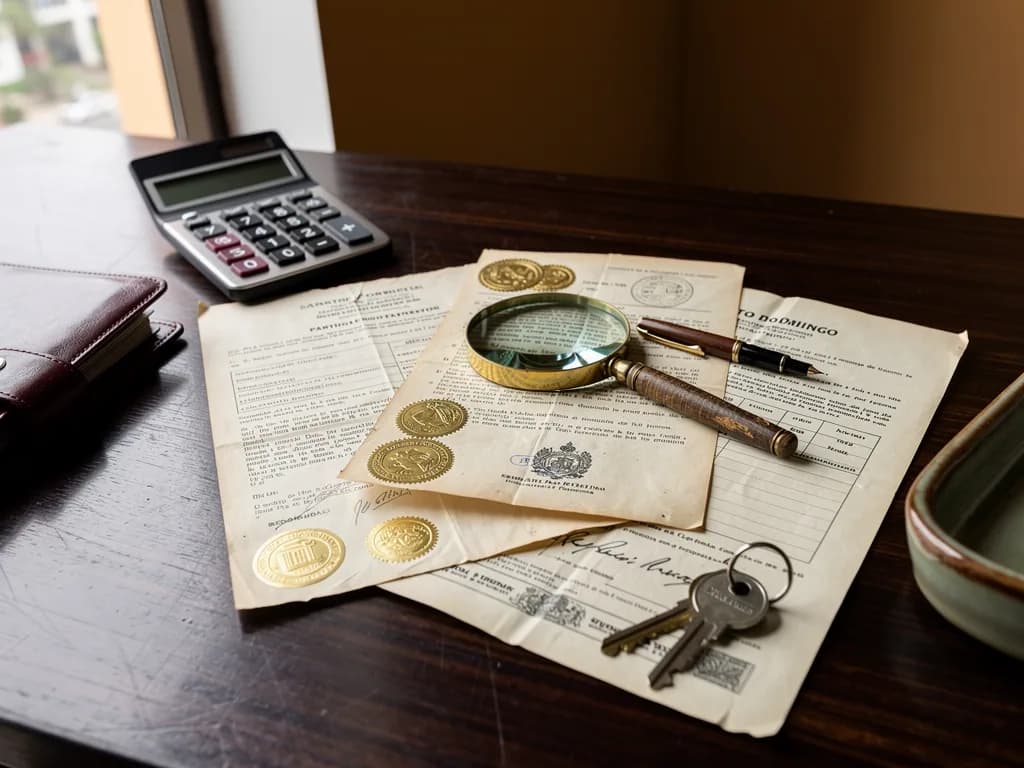 Documentos legales de propiedad dominicanos incluyendo Certificado de Título, calculadora y llaves sobre escritorio de notaría