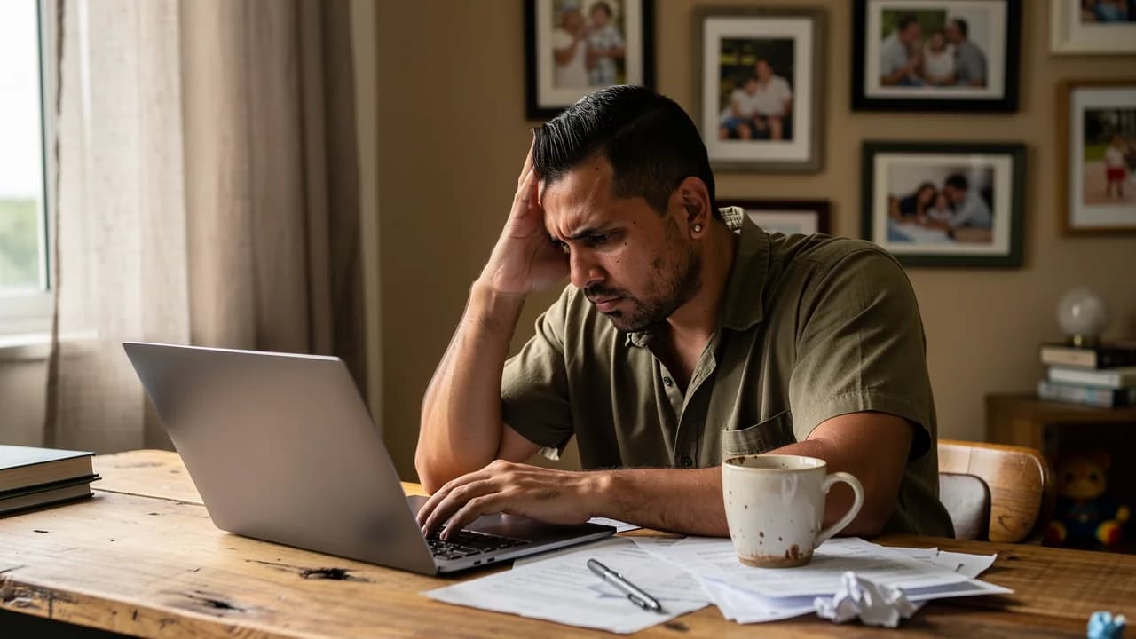 Hombre dominicano sentado frente a su computadora con expresión de preocupación, sosteniendo su cabeza mientras revisa una transferencia bancaria en su apartamento en Santiago