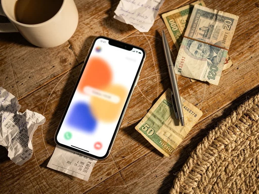 Mobile phone displaying a banking application surrounded by Dominican bills, dollars, and crumpled receipts on a wooden table