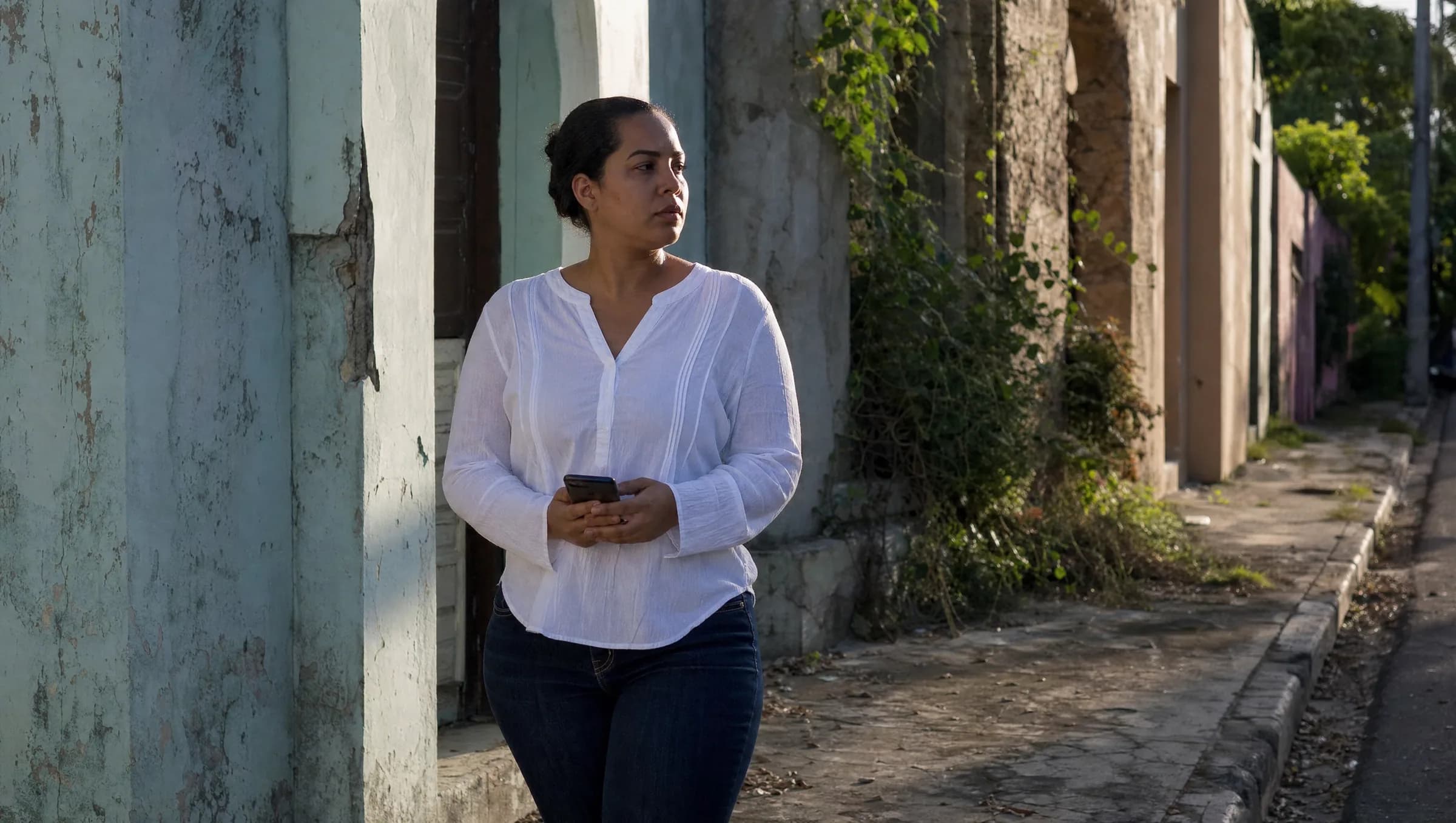 Mujer dominicana caminando por una calle del barrio Gascue mientras revisa opciones de vivienda en su teléfono, con casas coloniales deterioradas de fondo