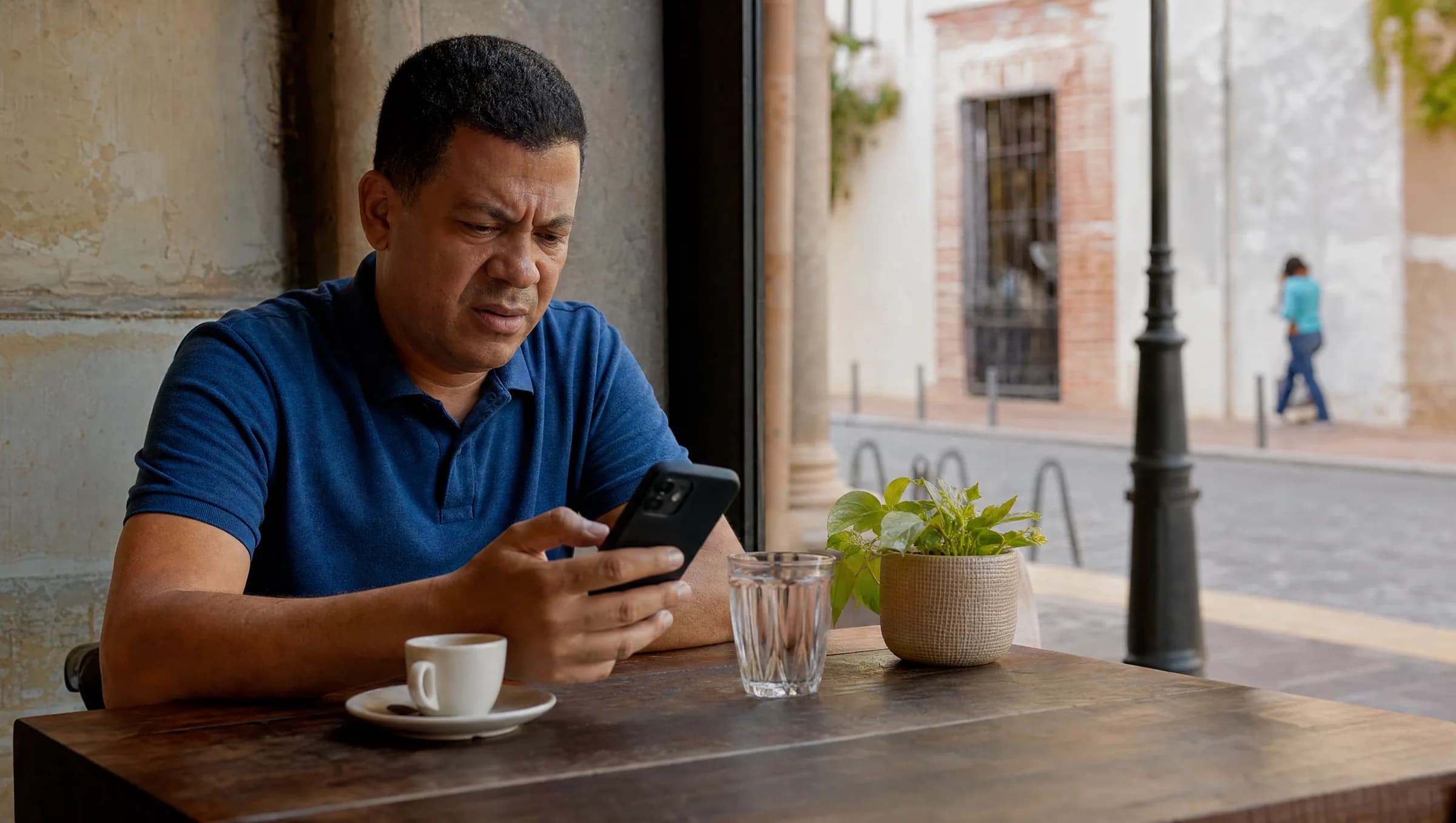 Dominicano en el exterior revisando ofertas inmobiliarias en su teléfono con expresión de confusión en una cafetería de Zona Colonial