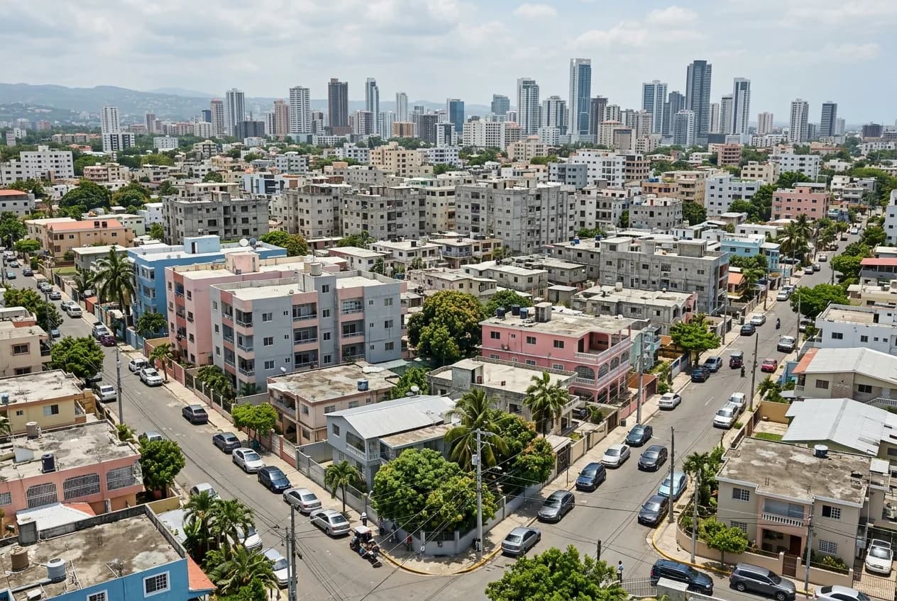 Vista aérea de barrios residenciales de Santo Domingo mostrando diferentes zonas urbanas y la complejidad de los límites entre sectores
