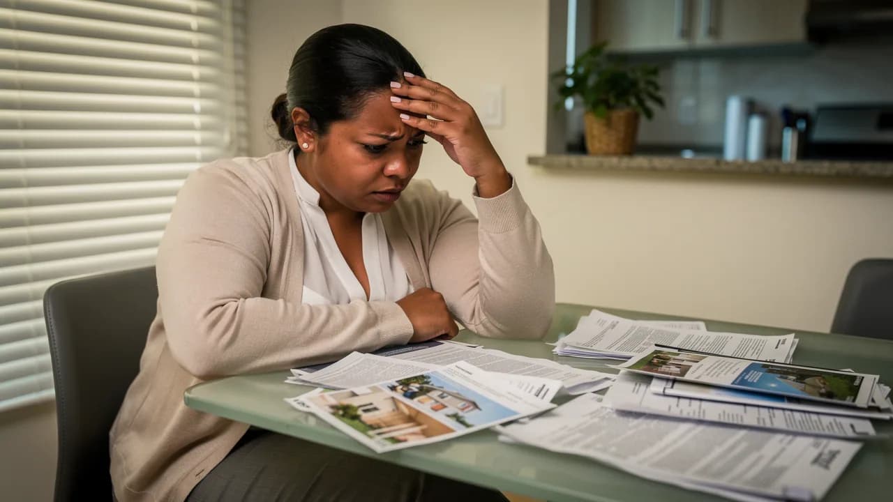 Mujer dominicana joven revisando documentos financieros y folletos inmobiliarios en su mesa de cocina, con expresión de preocupación y contemplación