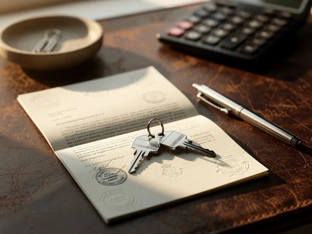 Primer plano de un contrato inmobiliario doblado con llaves de casa sobre él y sellos legales visibles, simbolizando el proceso de verificación de documentos