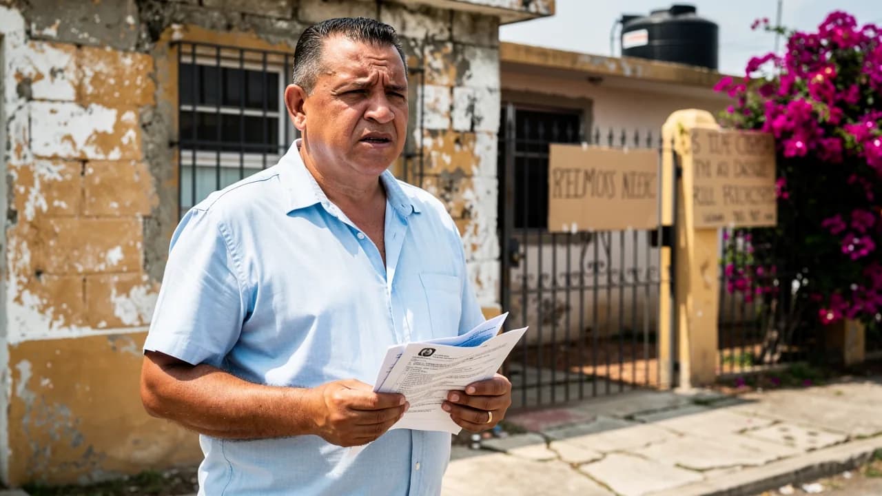 Hombre dominicano confundido revisando documentos legales frente a una casa en venta en Villa Mella, ilustrando los riesgos de comprar propiedades baratas en proceso de saneamiento