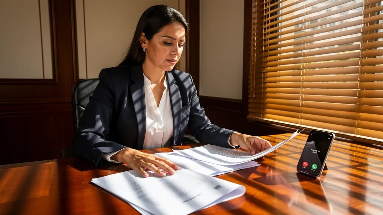 Mujer dominicana profesional revisando documentos legales en oficina inmobiliaria mientras suena teléfono urgentemente, representando la importancia de verificar antes de actuar bajo presión