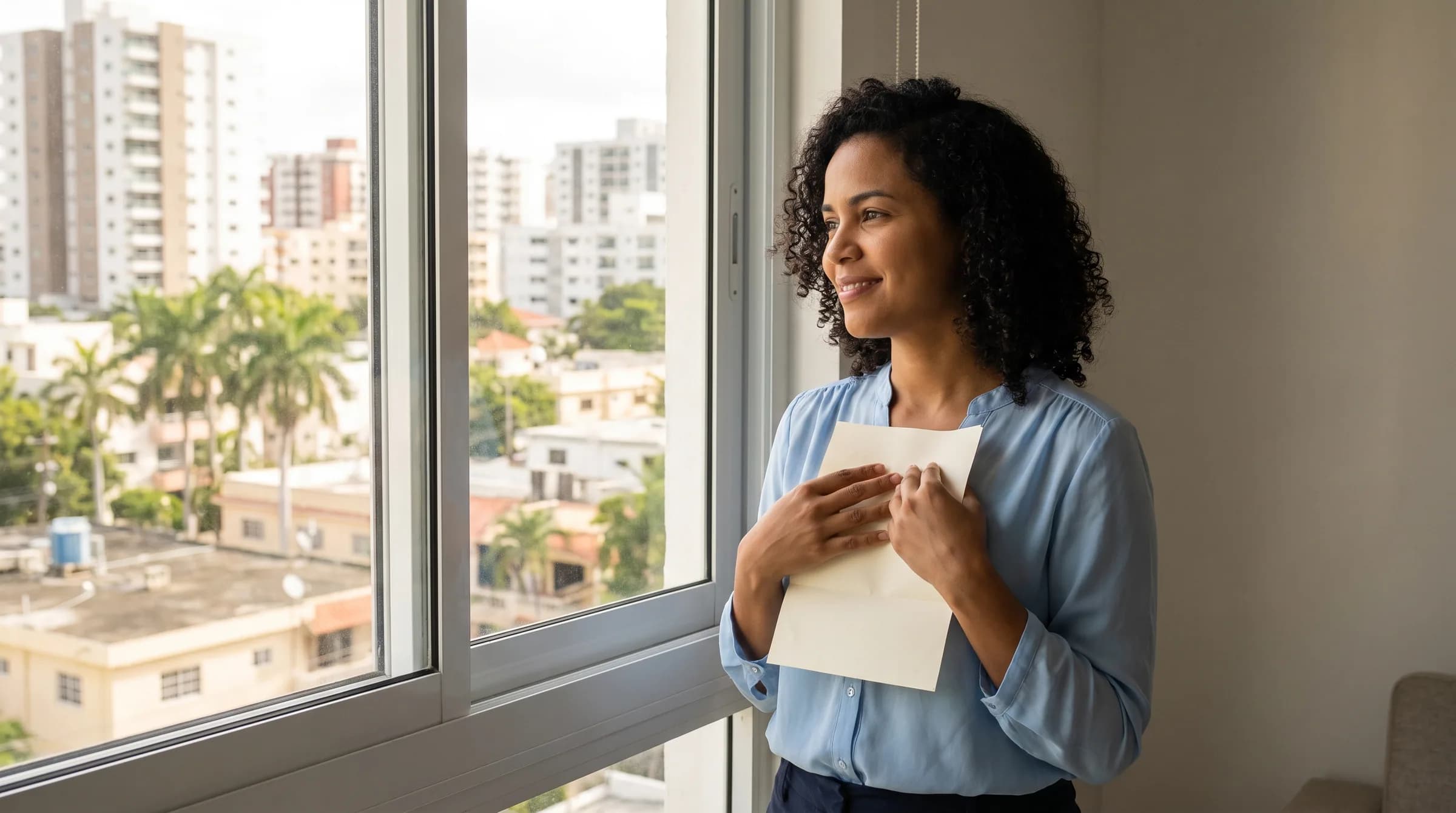 Mujer dominicana sosteniendo carta de preaprobación hipotecaria mientras mira por ventana hacia vecindario de Santo Domingo con expresión de satisfacción