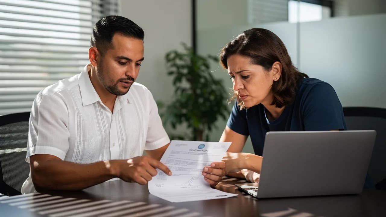 Agente inmobiliario verificado mostrando documentos de certificación a un comprador preocupado en una oficina moderna de Santo Domingo