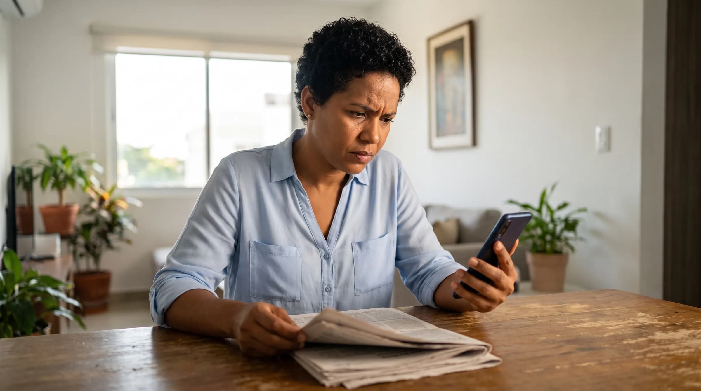 Mujer dominicana preocupada revisando su teléfono mientras sostiene documentos de propiedad en su cocina