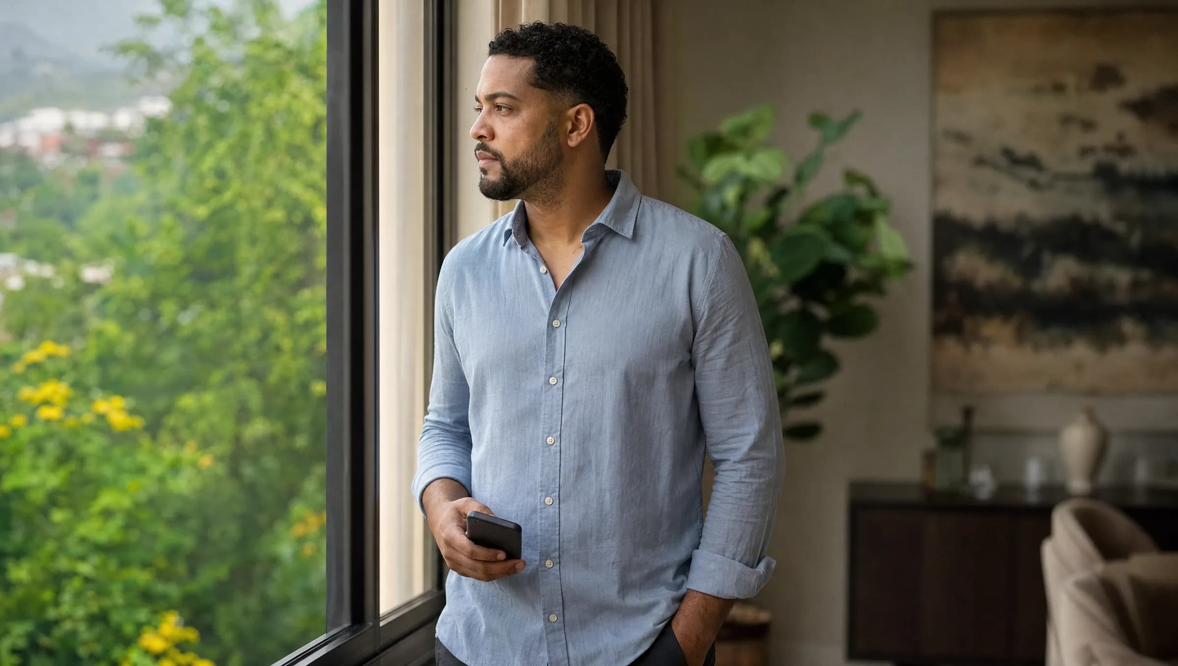 Hombre dominicano mirando pensativo por la ventana mientras sostiene su teléfono, reflejando la preocupación de compradores que han pagado por propiedades sin obtener la titularidad legal