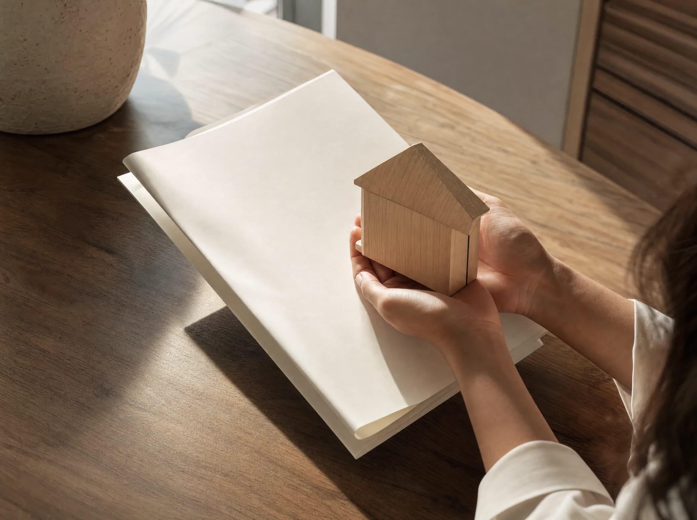 Manos femeninas sosteniendo una maqueta de casa sobre contratos doblados, simbolizando la confusión entre el pago de una propiedad y la obtención legal del título en República Dominicana