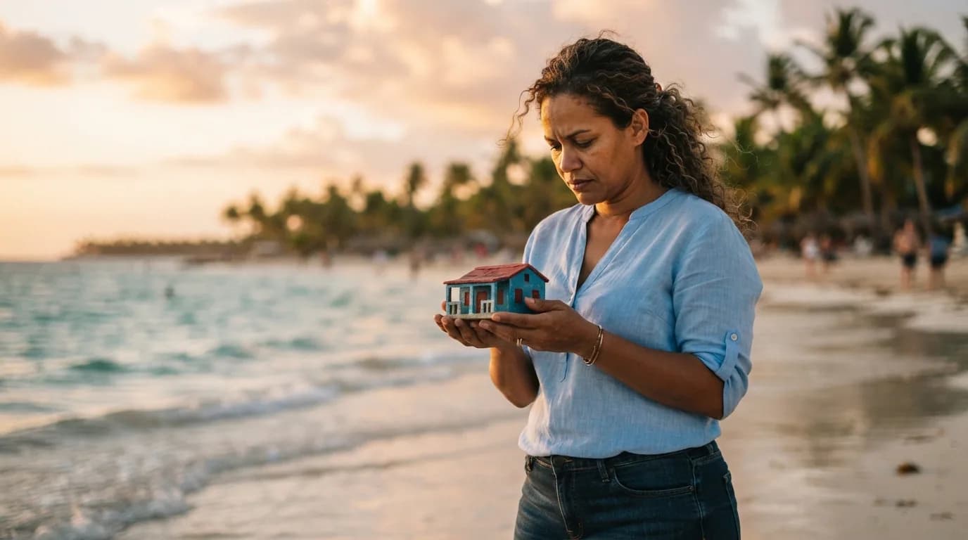 Mujer dominicana sosteniendo una casa en miniatura en sus manos con expresión pensativa, con la playa de Bávaro al fondo