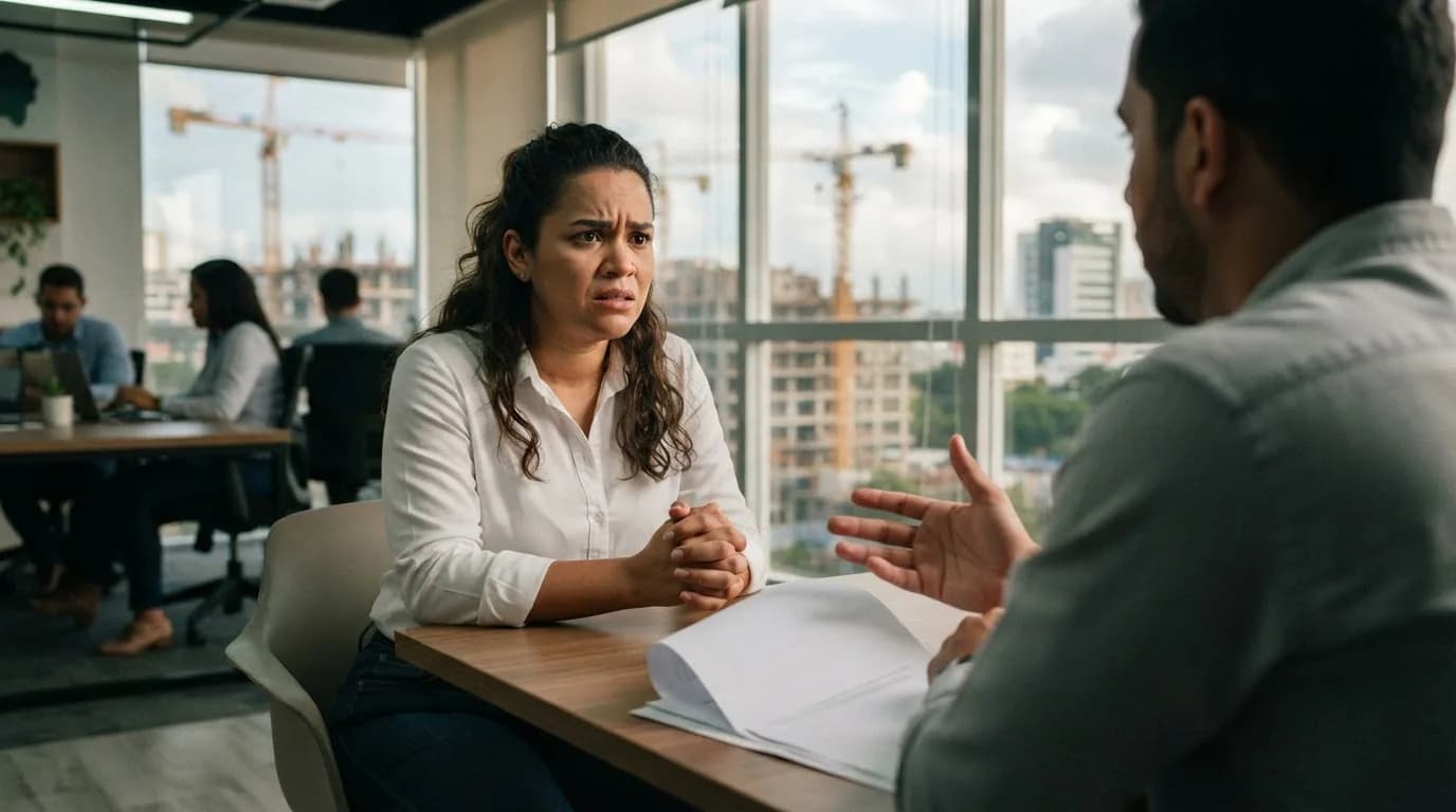 Una mujer dominicana con expresión preocupada sentada frente a un agente inmobiliario en una oficina de ventas en Santiago, mientras el agente gesticula sobre documentos doblados en la mesa