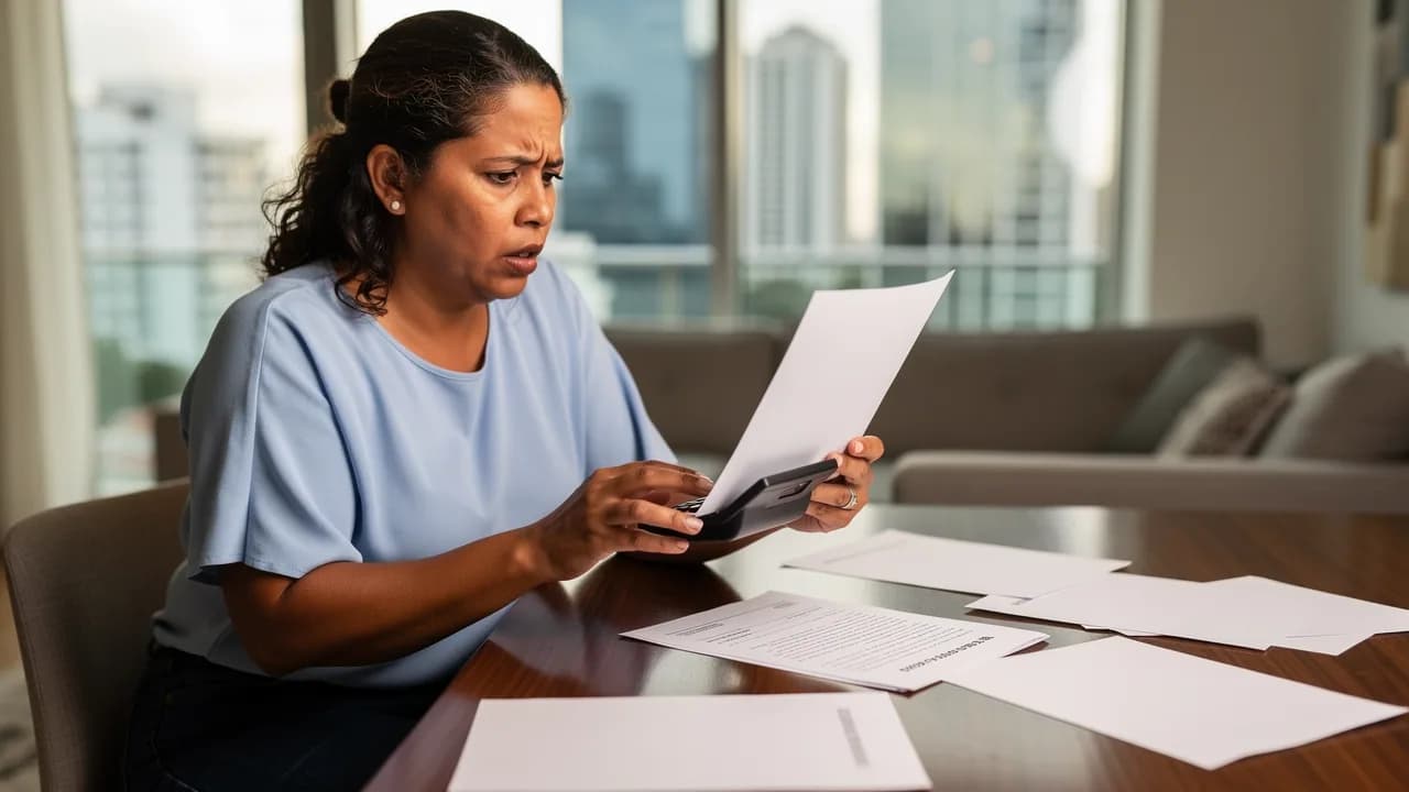 Mujer dominicana preocupada revisando documentos financieros y calculando costos de separación de apartamento en su sala