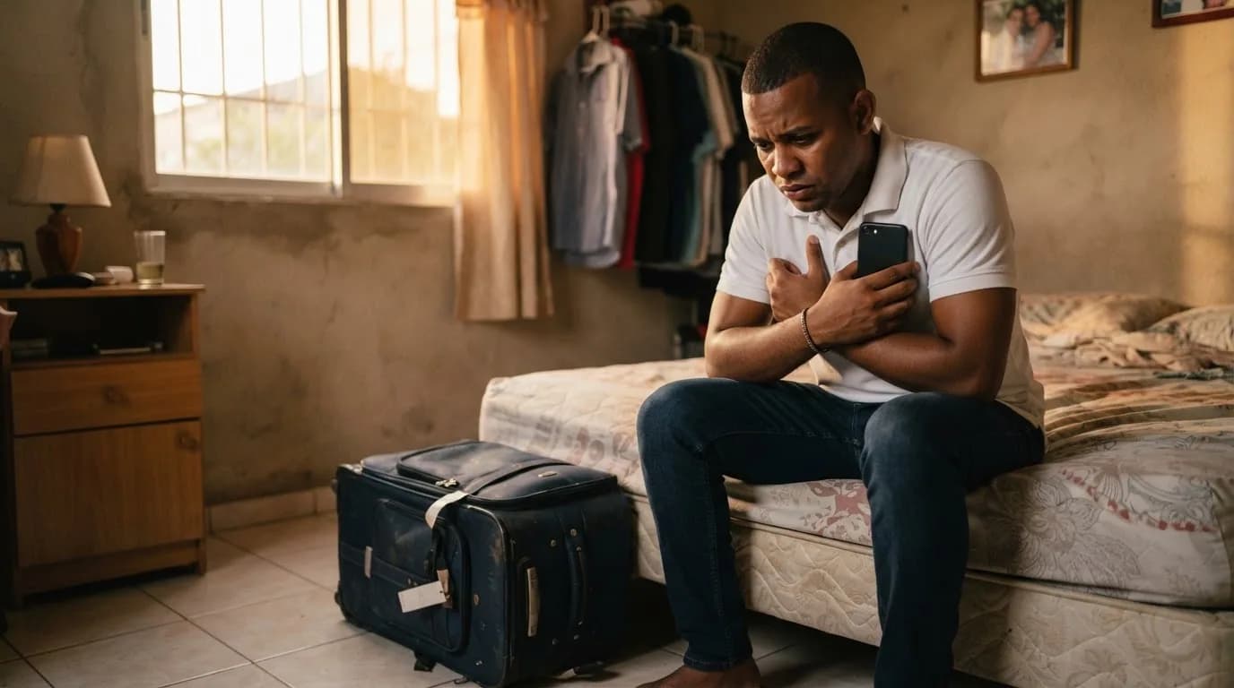 Hombre dominicano preocupado sosteniendo su teléfono móvil junto a una maleta en su habitación, simbolizando la ansiedad por una compra inmobiliaria incierta