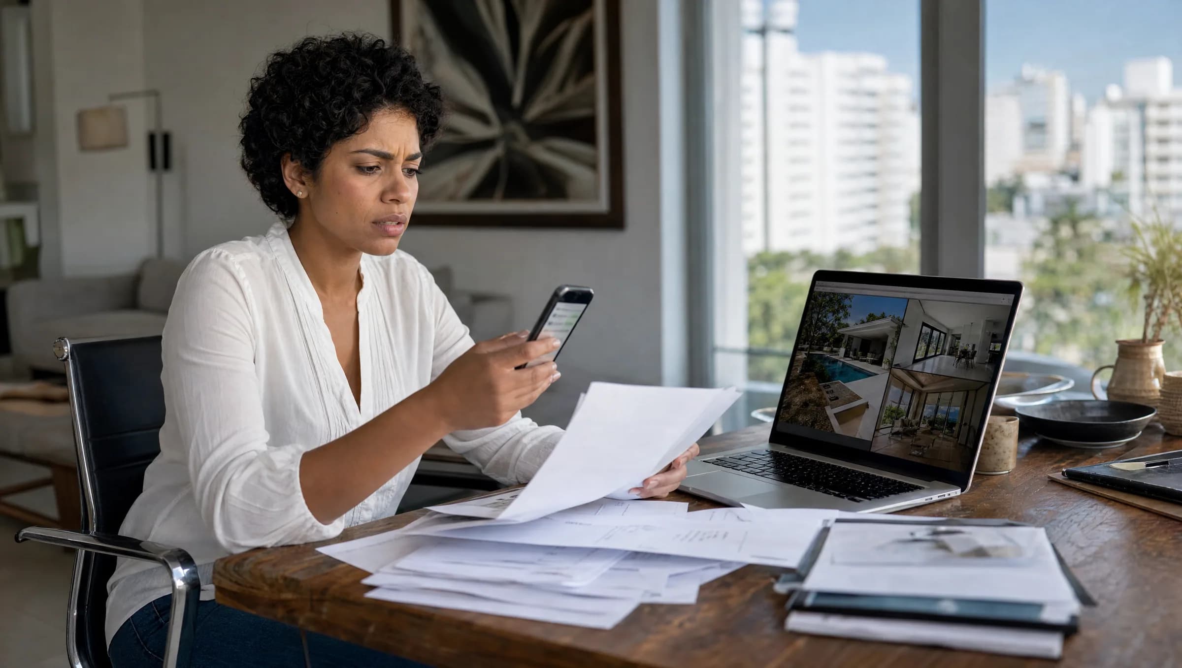 Mujer dominicana revisando propiedades inmobiliarias en línea con expresión de preocupación, sentada en su apartamento con documentos y teléfono móvil