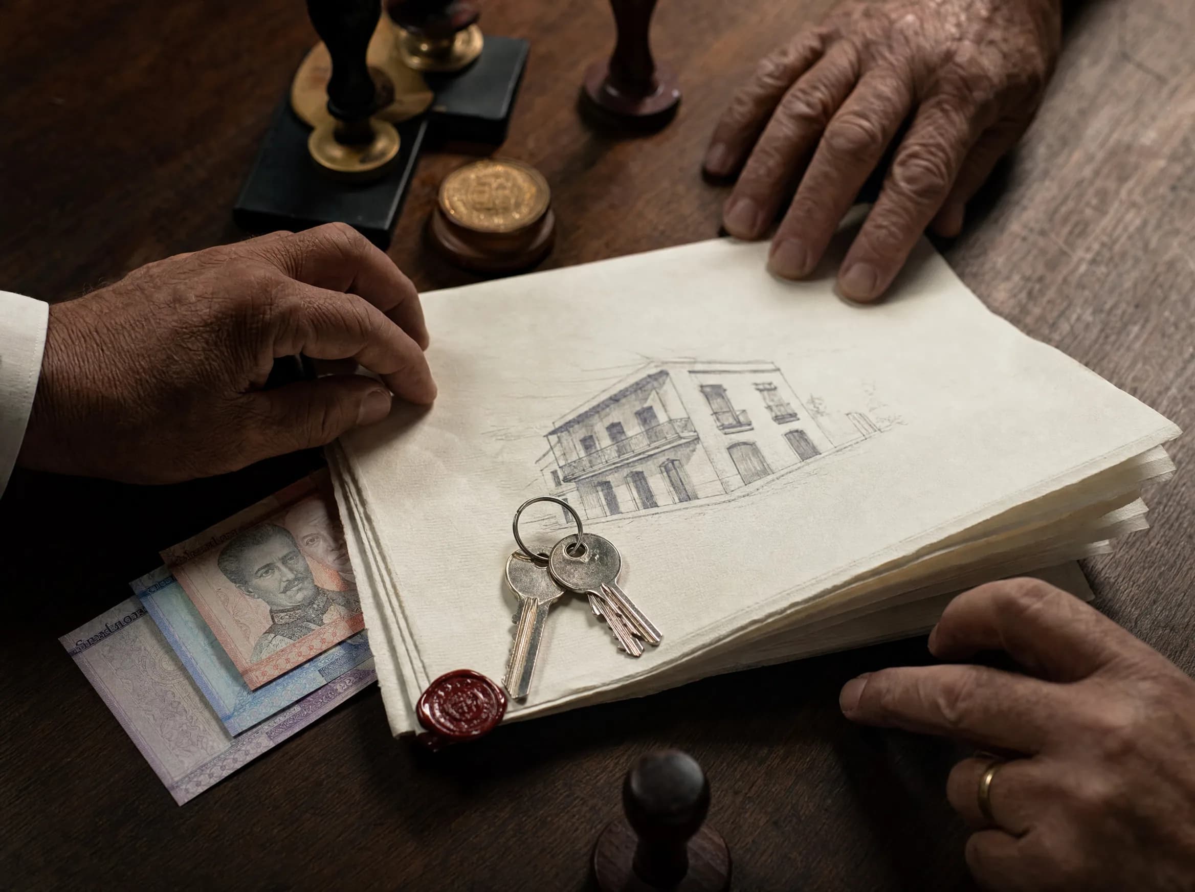 Primer plano de contrato inmobiliario doblado con llaves encima y billetes dominicanos, sobre escritorio de oficina notarial con sellos oficiales