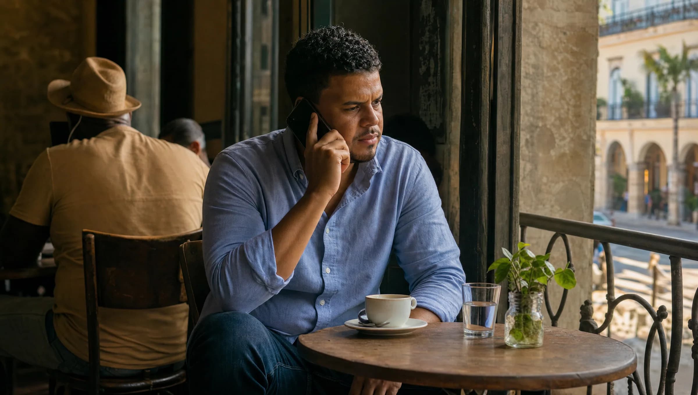 Hombre dominicano con expresión de ansiedad hablando por teléfono en una cafetería de la Zona Colonial de Santo Domingo