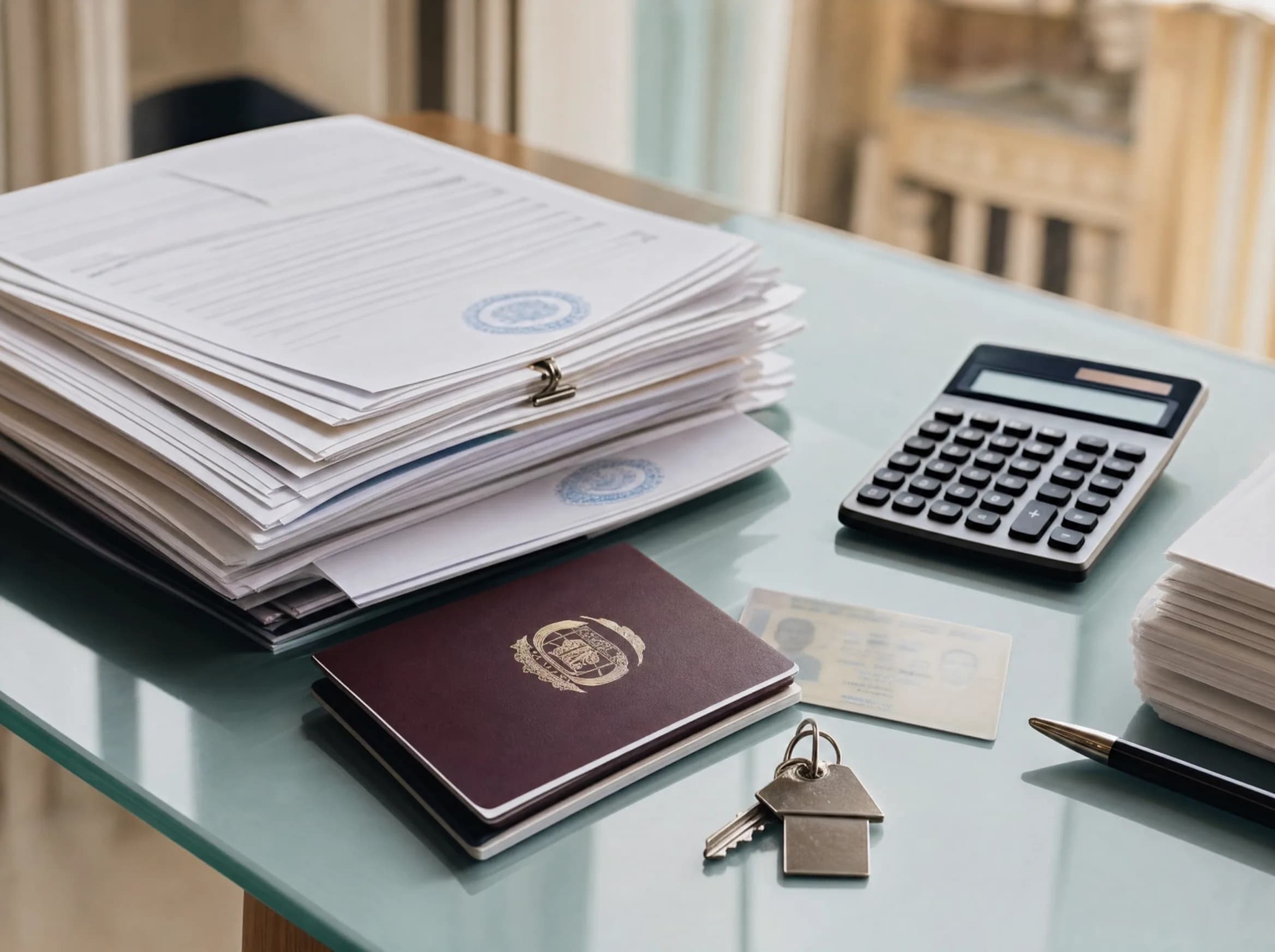 Documentos hipotecarios organizados sobre escritorio con pasaporte dominicano, estados de cuenta y calculadora